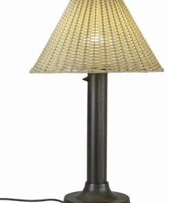 Budget 🤩 Patio Living Concepts Tahiti II Table Lamp, Tight Weave, Flat Wicker, Stone Shade, 3" Bronze Tube Body 🥰